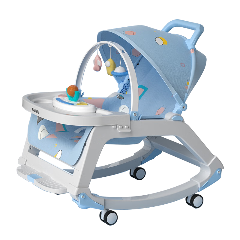 爱彼爱婴儿摇椅婴儿摇摇椅躺椅多功能宝宝摇椅儿童摇摇车餐椅哄娃神器 顶配蓝-轮餐盘音乐盒篷蚊帐凉席