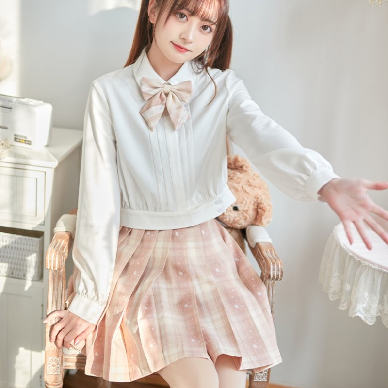 御茶家奶油草莓格裙半身百褶裙粉色提花jk制服原创短长春夏季 42cm裙