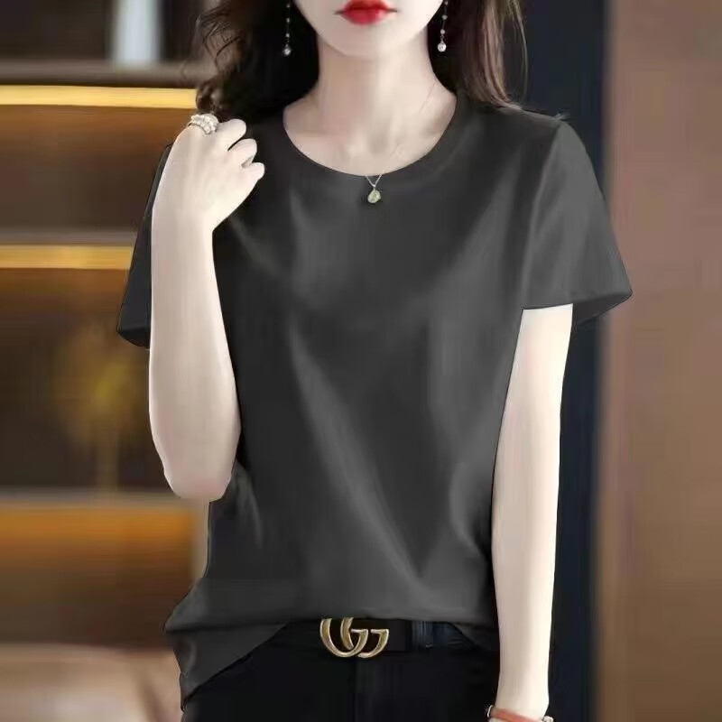 清仓捡漏出口品牌折扣女装夏季短袖纯棉t桖休闲宽松百搭上衣 灰色 纯色 L 建议100斤-115斤