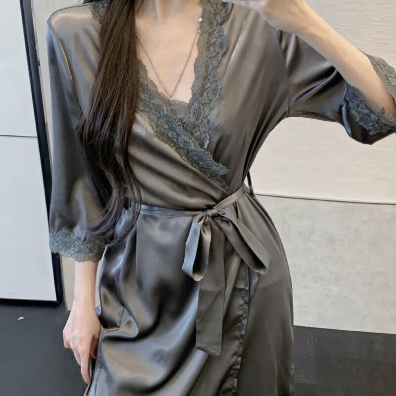 情趣内衣蕾丝冰感丝滑睡袍家居服秋季薄款性惑情调缎面吊带睡衣睡裙两