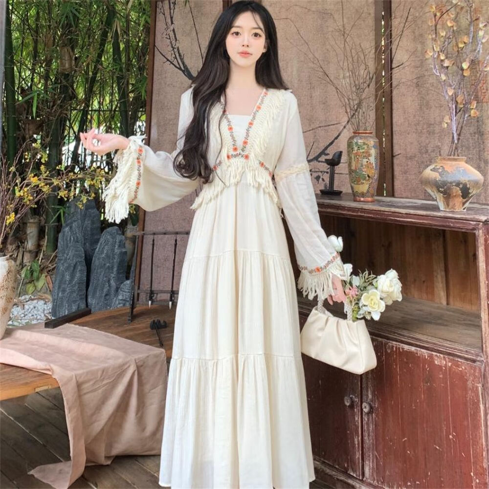 待婉长裙子连衣裙到脚踝春复古v领收腰显瘦织带流苏波西 图片色 m