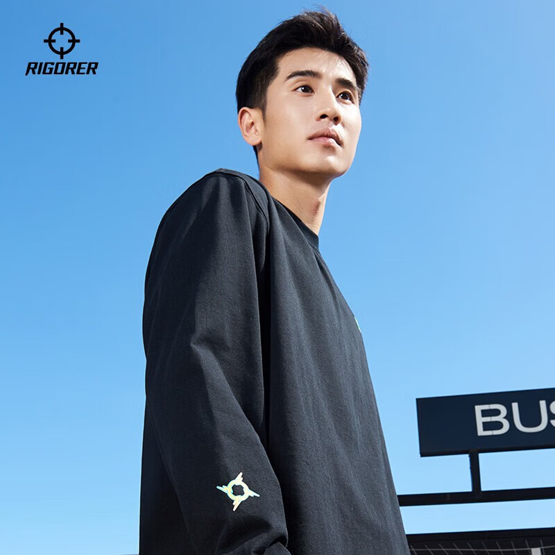 准者斗法长袖T恤男春季美式运动卫衣潮流刺绣纯棉透气打底衫 纯正黑(尺码偏大拍小一码)刺绣 S