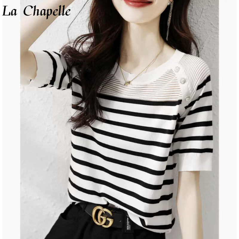 拉夏贝尔（La Chapelle）女装短袖T恤女2023夏季新款冰丝针织意大利设计感条纹优雅显瘦T恤 白色 L