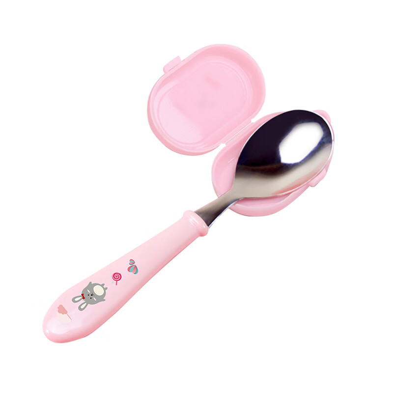 联扣（LianLock）316不锈钢勺子饭勺便携儿童餐具带盖调羹宝宝吃饭勺学生 【316】树脂柄勺(粉兔ST)+勺盖