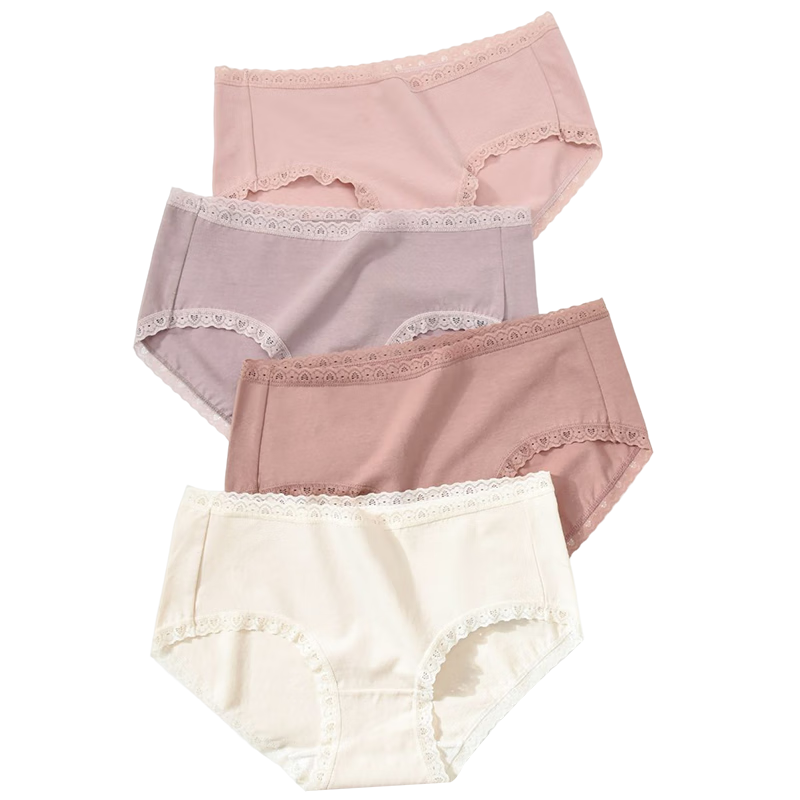 洁丽雅4条装新款中腰蕾丝边纯棉裆女士内裤提臀透气舒适抗菌短裤内裤女 【4条装】浅粉/粉紫/浅黄/肉粉 XL (建议115-125斤)