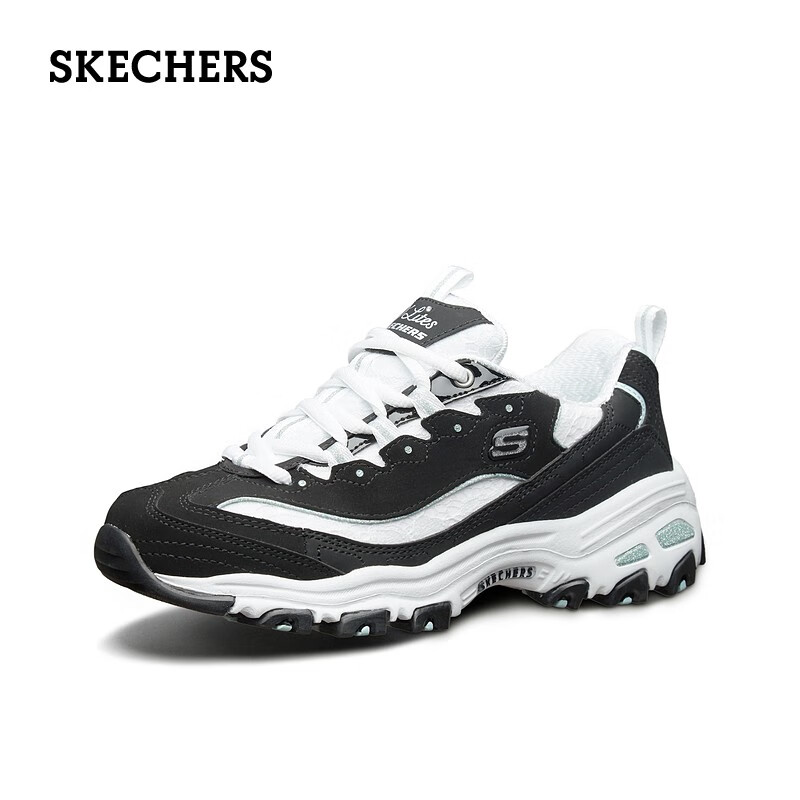 斯凯奇（Skechers）女鞋夏季舒适透气老爹鞋增高厚底百搭休闲熊猫鞋11959 黑色/白色/BKW 37