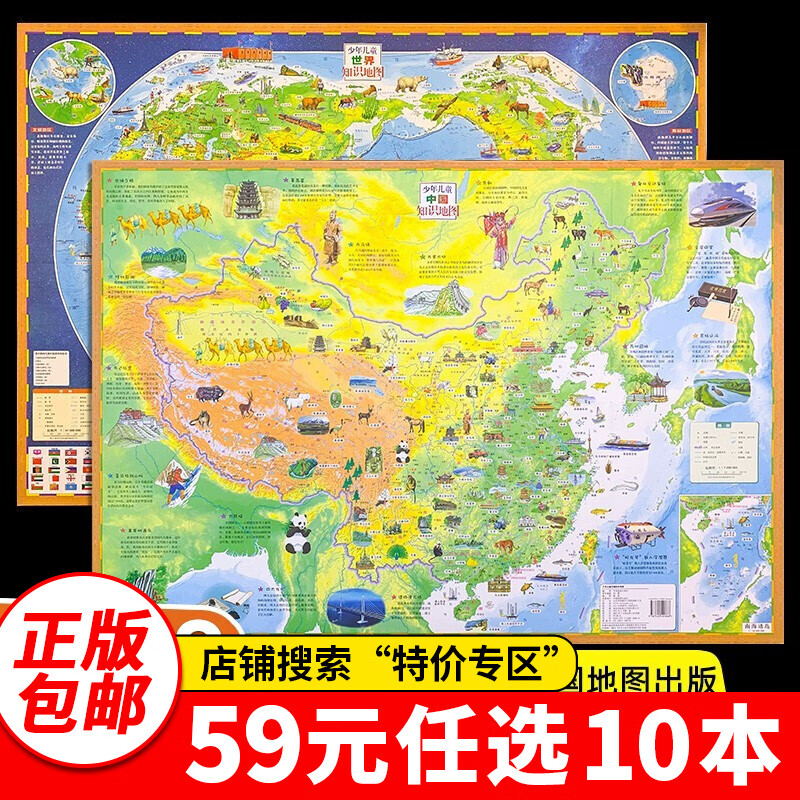 特价专区59元10本特价专区新版 2022中国地图和世界地图2张墙贴中小学生通用大尺寸高清地图儿童房专用地理百科知识挂图家用地图 【中国地图+世界地图】