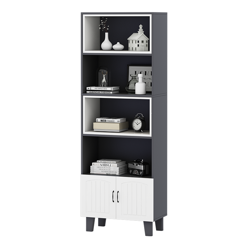 木以成居 书架落地 带门简约轻奢客厅卧室阳台办公木质五层放书架子 灰色+白内框 60*30*170 LY-425205GW