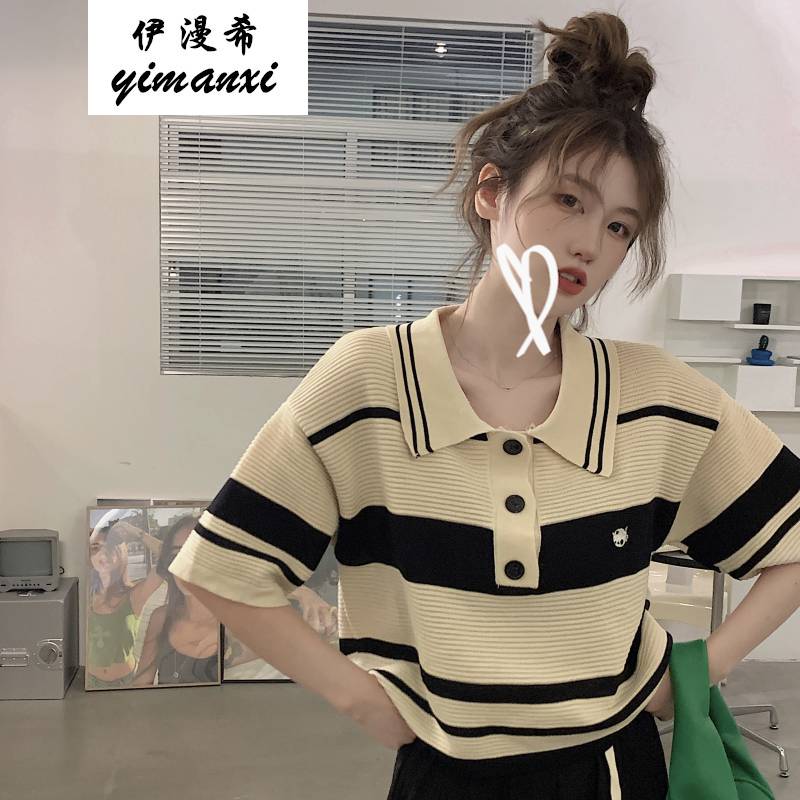 polo领短袖t恤胖妹妹韩版宽松短款针织上衣甜辣网红女神范可甜可盐茶