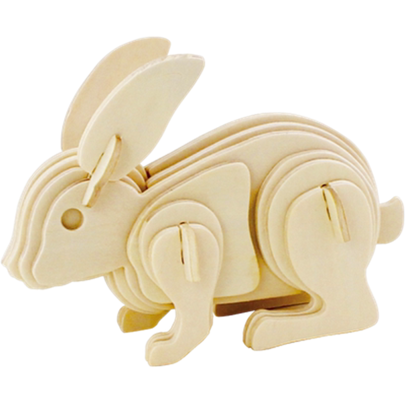 jimitu木质拼图立体3d模型儿童木头玩具汽车仿真动物手工拼装 兔子