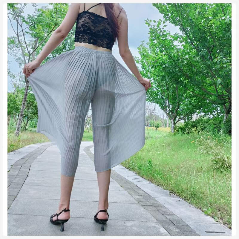 超薄裤子外出露出装女裤透明休闲裤雪纺阔腿裤心机裤主播 灰色 均码