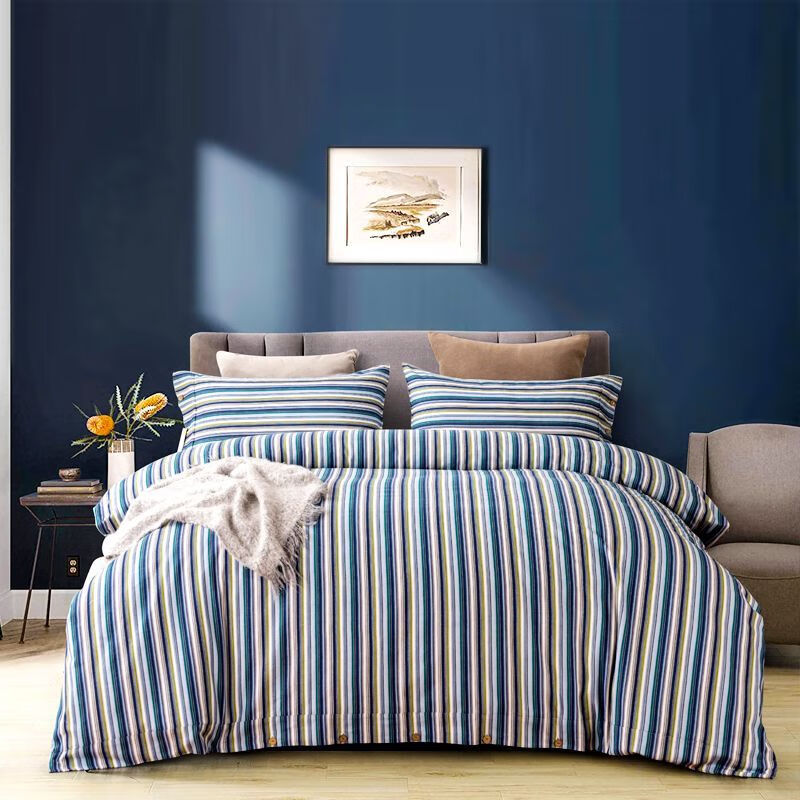 艺彩蝶床上四件套长绒棉加厚条纹床单被套四件套家纺用品 英伦蓝 1.8/2.0米床四件套
