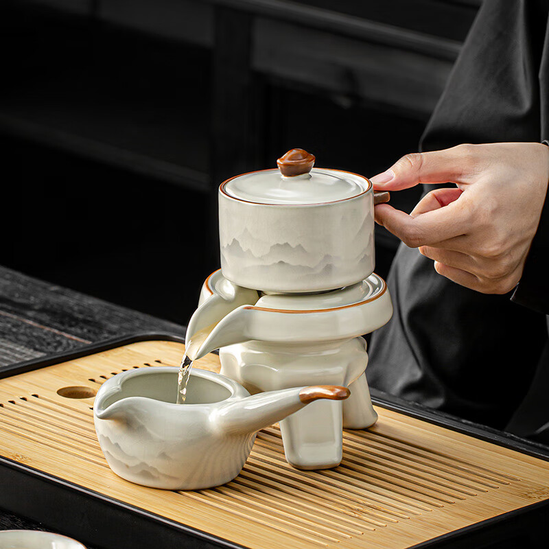 琦軒源米黃汝窯功夫自動(dòng)茶具套裝陶瓷茶壺蓋碗茶杯茶盤(pán)辦公茶具整 汝窯山海霧境自動(dòng)3件套