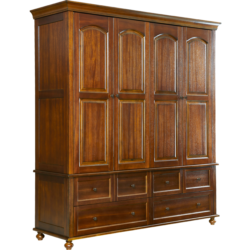 艾理思家具 全实木衣柜 美式乡村复古衣柜 简美别墅卧室四门大衣橱