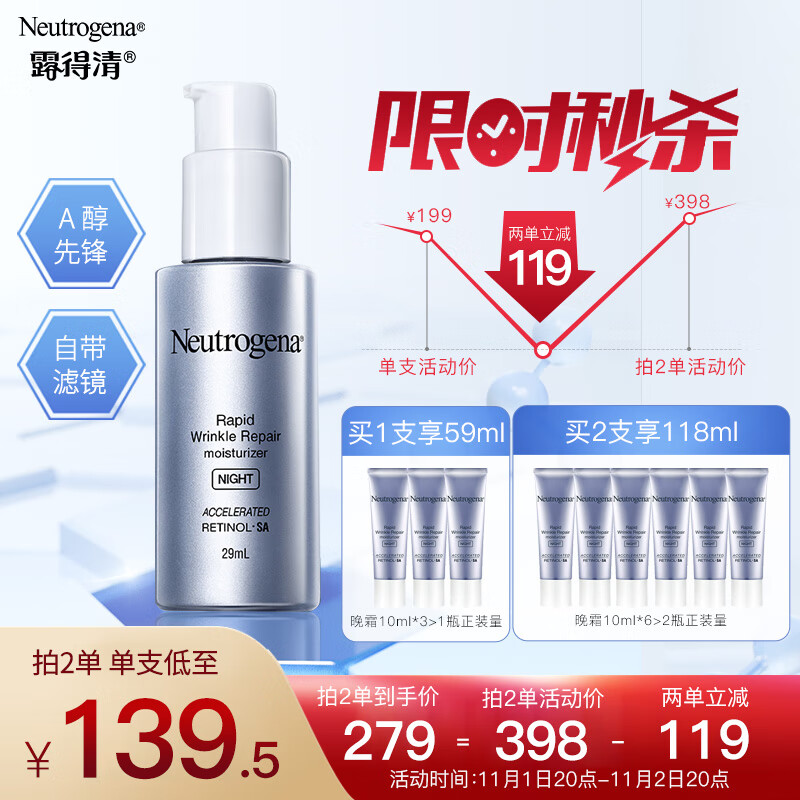 露得清 维A醇抗皱修护晚霜29ml (三代轻熟肌面霜 5倍视黄醇淡纹 水解香桃木叶精华 玻尿酸充盈水润滋润呵护)