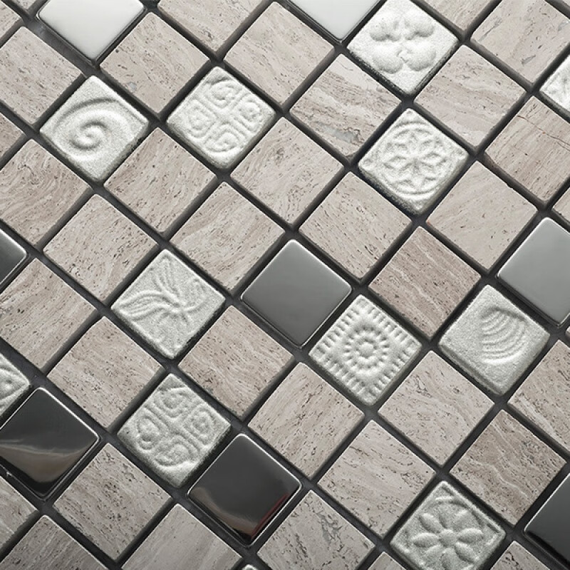 灰色白木纹石材大理石马赛克瓷砖地砖玄关客厅电视背景墙 简约白木纹