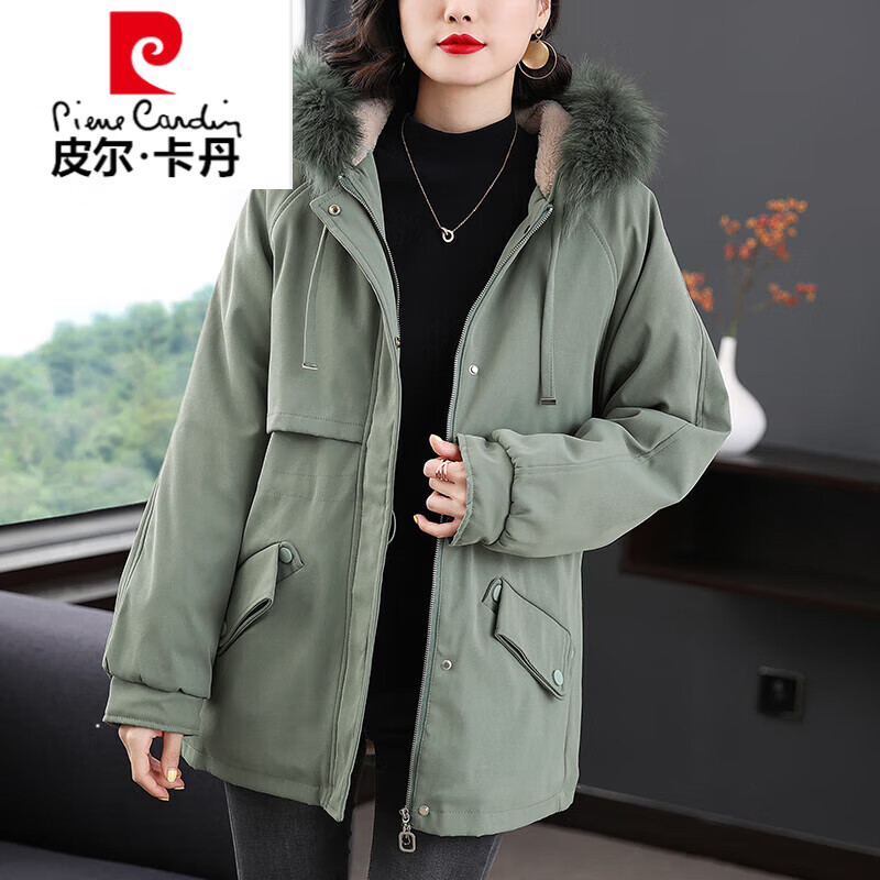 皮尔卡丹品牌高档女装女士连帽外套2022年秋冬季新款中长款加绒派克服