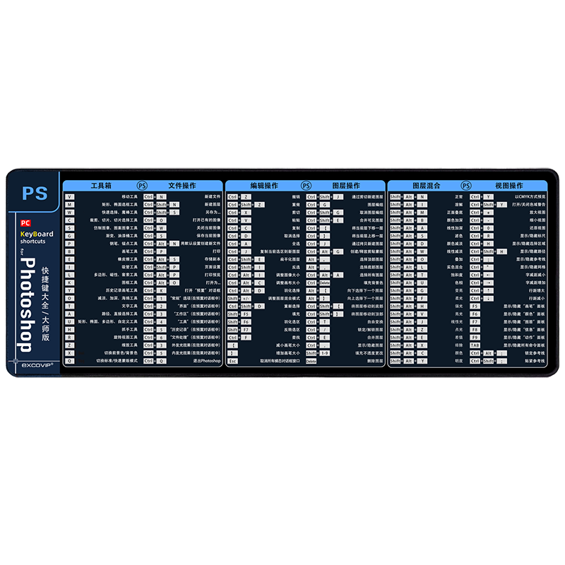 宜适酷(EXCO)PS快捷键鼠标垫大号桌垫笔记本电脑办公设计PS做图软件鼠标垫快捷键锁边游戏键盘垫0127