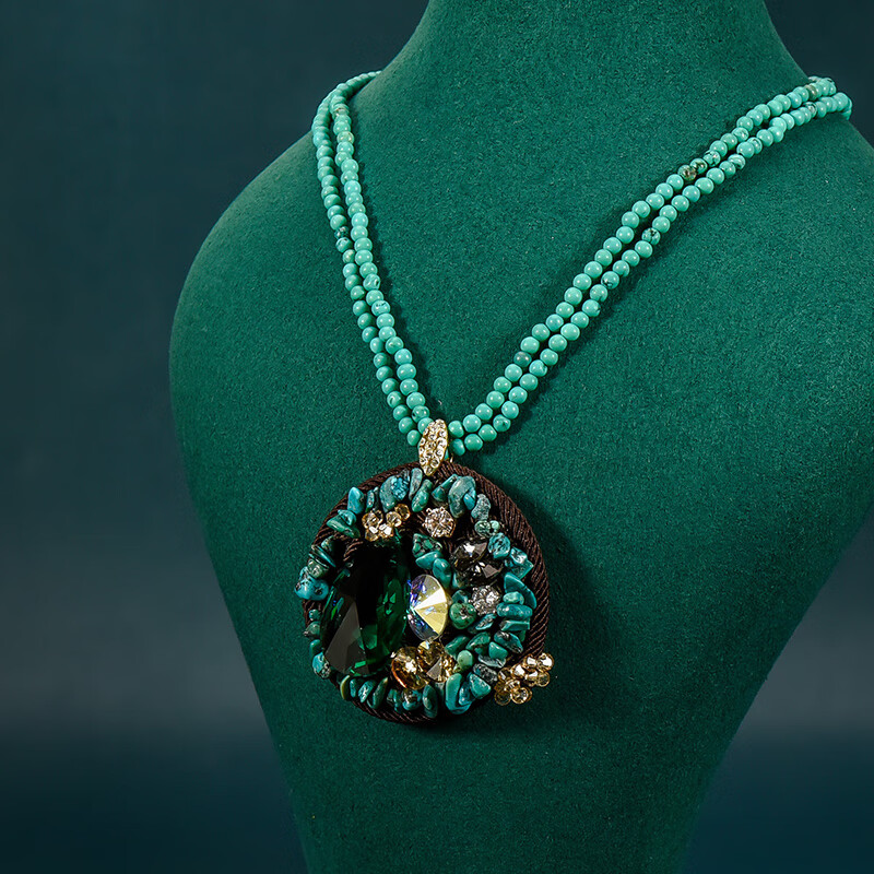 忆奴娇 绿袖相思925银绿松石项链女个性复古夸张吊坠配饰首饰品套链 绿色 配40CM项链