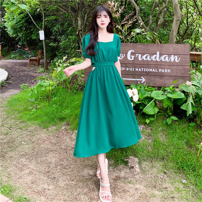 绮岑成人礼女高中生礼服绿色连衣裙夏季新款法式复古方领泡 墨绿色 l