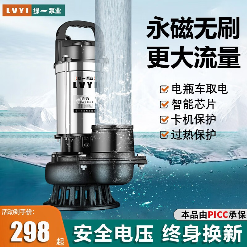 绿一（lu yi）直流潜水泵无刷电机48V60V72V家用电动电瓶车抽水泵农用抽水机 48V60V72V通用2寸-15米线+10米管