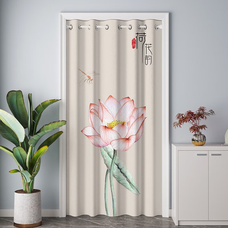尔青岚中式门帘隔断帘 卧室客厅空调暖气隔断布帘免打孔 卫生间遮挡帘 墨荷-13 【适合110-150门宽】帘宽170x240