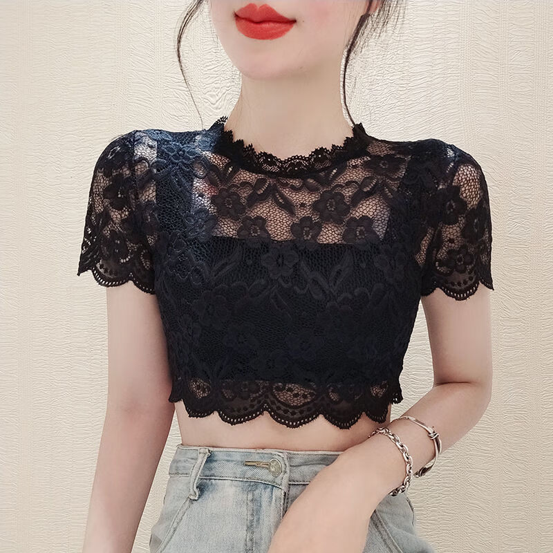 星垂晓雾夏天穿的薄款短袖蕾丝打底衫镂空吊带内搭女短袖蕾丝打底衫