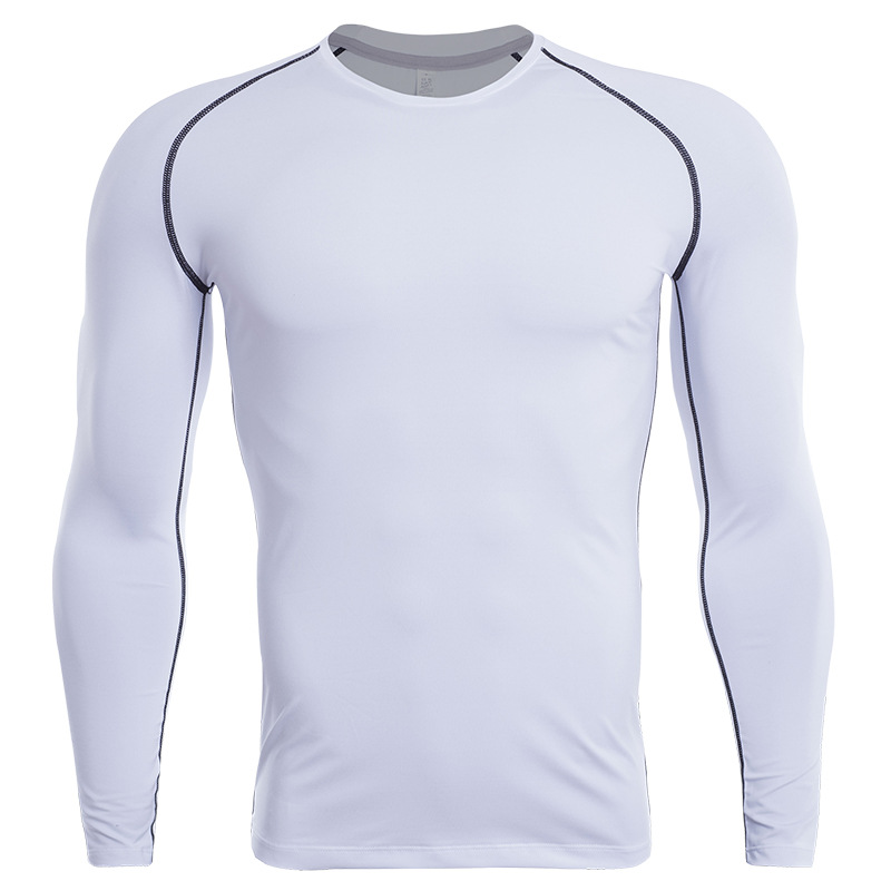 健身服男士速干T恤跑步弹力暴汗紧身衣马拉松运动服 长袖A12白+黑线 S