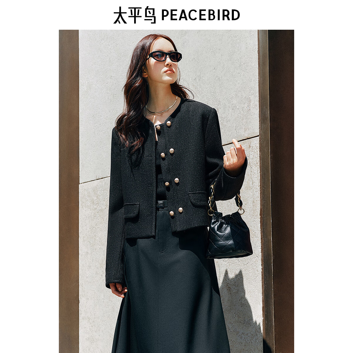 太平鸟女装外套简约双排扣气质小香风通勤职场短款 黑色 M