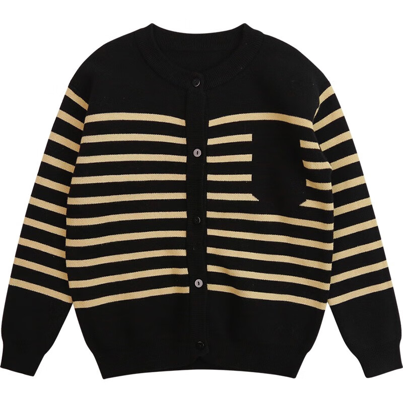 纯一良品（CUNYI）童装儿童针织开衫男童毛衣秋季新款中大童百搭撞色条纹外套 黑色条纹 140 cm