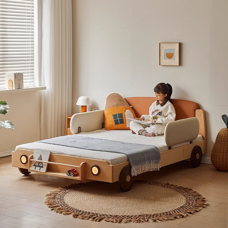 妮果汽车床男孩卧室床小户型儿童床实木男童带护栏一米二床榉木单人床 【米白床头】无护栏+15cm4D床垫 1200*2000mm