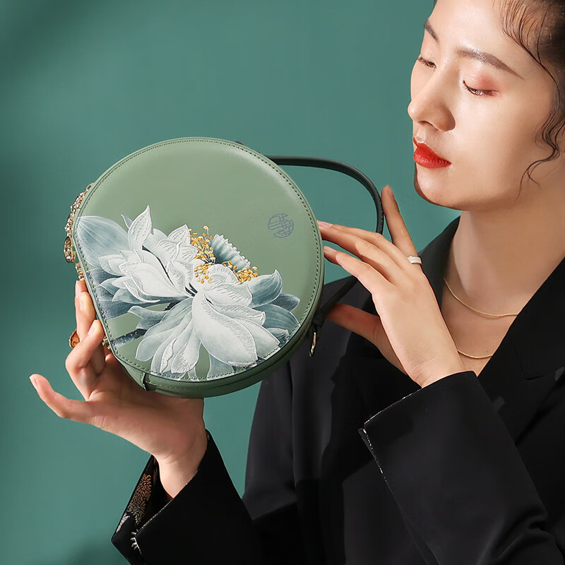 古伊西中国风女包刺绣小圆包牛皮圆饼包复古国潮汉服旗袍包手提斜挎包女 青瓷+送礼品袋+代写贺卡