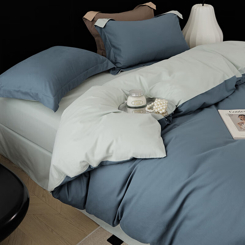 AIDLI 【新疆棉】60支贡缎316根全棉四件套 高支高密双人四件套 海岛蓝（磨毛款） 1.5/1.8m 床单款 （被套200*230cm）