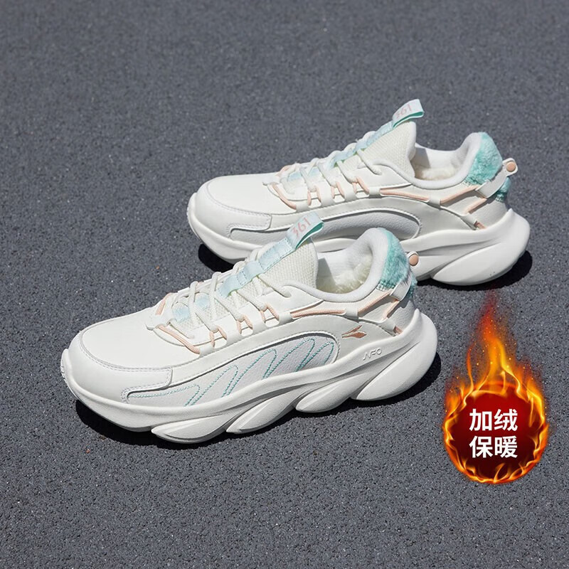 361°女鞋运动鞋【灵狐加绒】秋冬保暖革面增高休闲跑步鞋 羽毛白/漂白浅绿 38