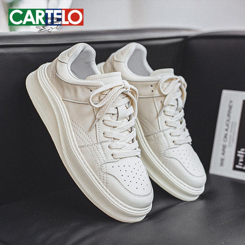 卡帝乐鳄鱼(cartelo)真皮小白鞋男2024秋季新款韩版百搭厚底牛皮白鞋