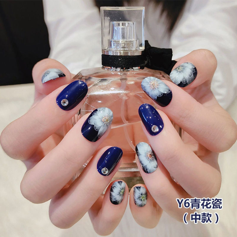片成品美甲贴片假指甲贴片社会可拆卸穿戴美甲片网红色古莎 y6青花瓷