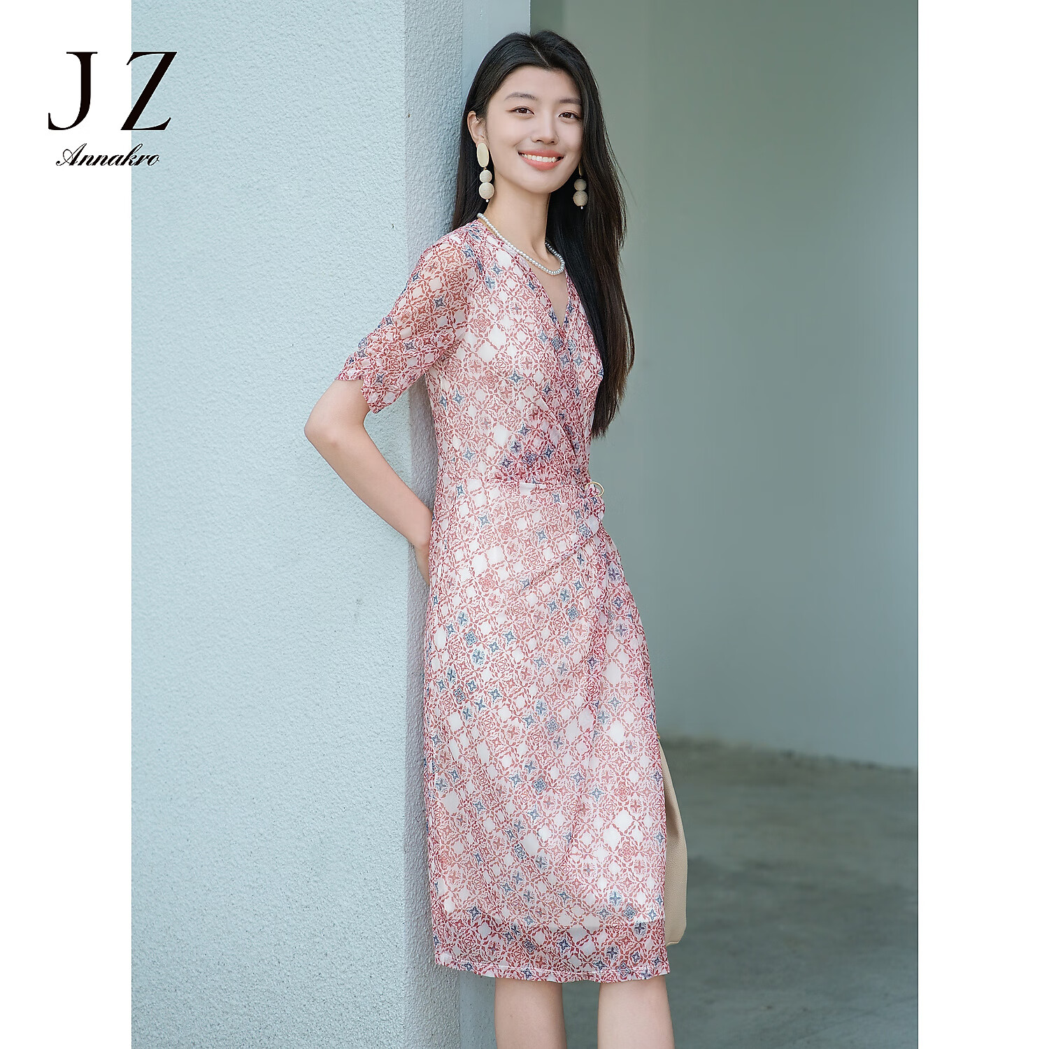 玖姿·安娜蔻優(yōu)雅雅致印花紗羅收腰修身茶歇裙連衣裙女2024夏季新款 花大紅 L