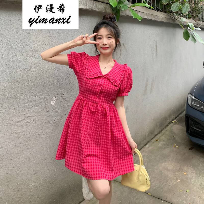 伊漫希大码女装树莓果显白v领泡泡袖玫红连衣裙长短款夏微胖女人 短1