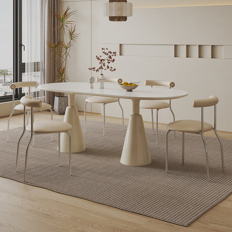 卡思诺 餐桌 岩板餐桌现代简约奶油风家用轻奢餐桌椅组合椭圆形饭桌子
