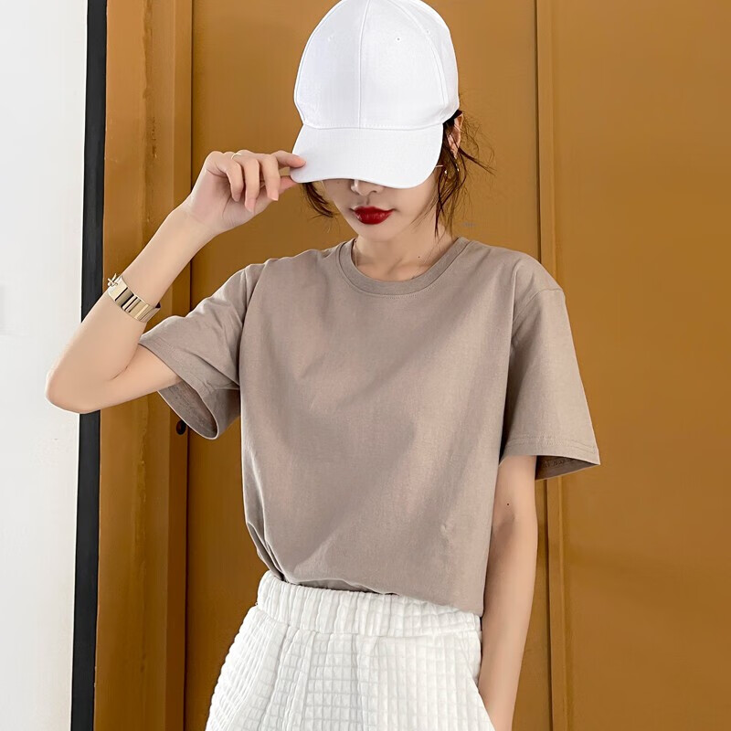 楠飛华裳【第二件（19.9） 可留言指定其他颜色】彩色精梳T恤男女同款宽松纯棉短袖 卡其色 L【115-125斤】