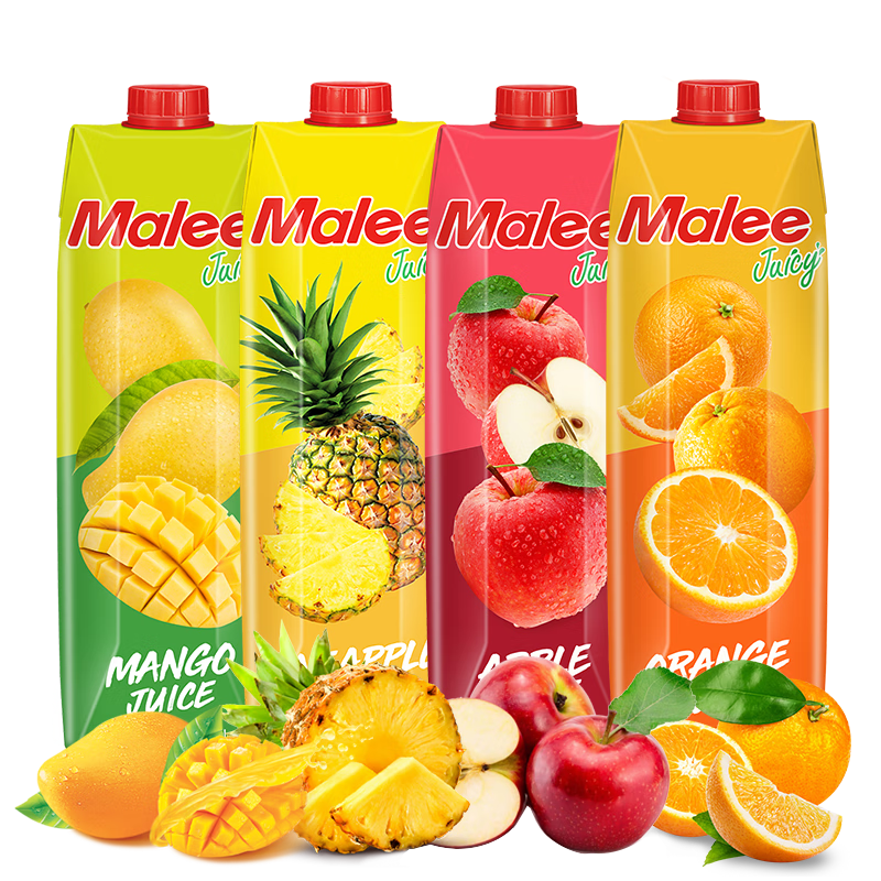 玛丽（MALEE）泰国进口果汁饮料大瓶 橙汁芒果汁苹果汁菠萝汁混合装1L*4瓶