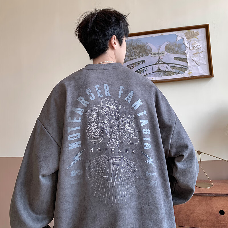 酒笑鸭麂皮绒卫衣男士春秋季圆领无帽美式vintage衣服重磅潮牌男装