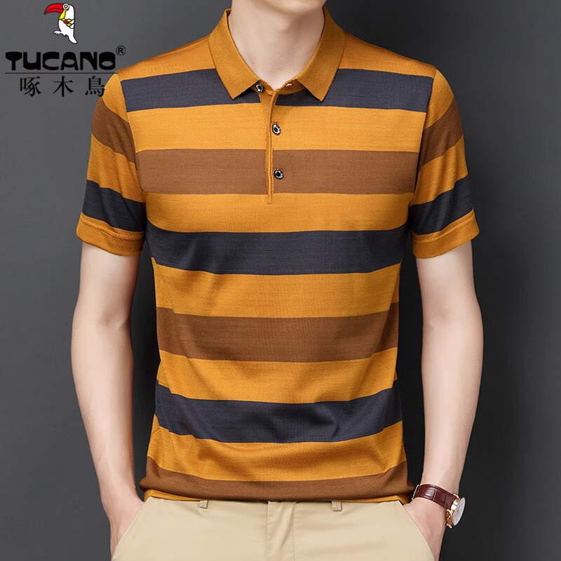 啄木鸟（TUCANO）针织短袖t恤男条纹Polo领体恤衫夏季中青年宽松薄款爸爸装男上衣 819黄色 190/4XL推荐180-200斤穿