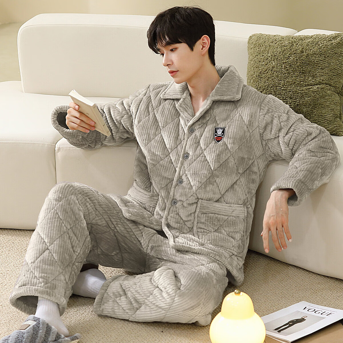 香蜜闺秀【三层夹棉加厚】男士睡衣秋冬新款长袖可外穿保暖男士家居服套装 卡其 XL