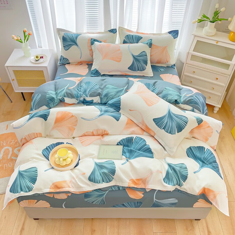 多兰诗（Duolanshi）磨毛四件套 斜纹印花卡通套件被套床单宿舍四季床上四件套 银杏花开米 1.2米 床单款 -被套150*200 三件套