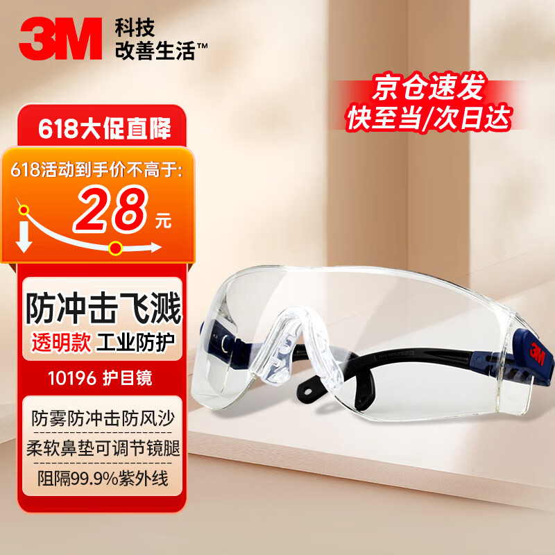 3M10196护目镜防风防尘防冲击骑行防护眼镜工业防切割飞溅专用