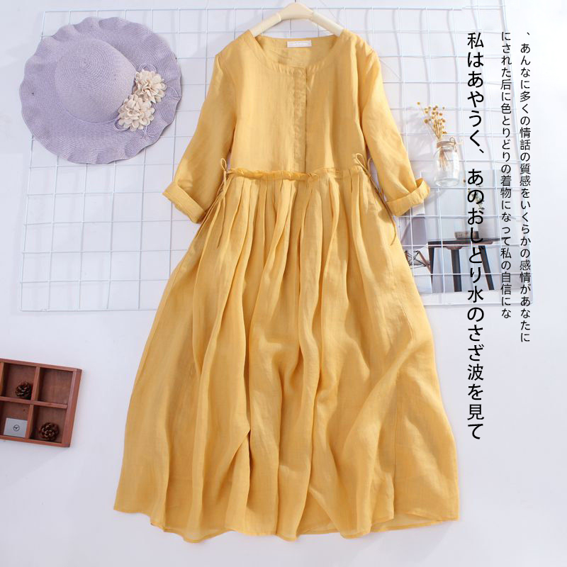 长袖棉麻连衣裙女宽松旅行度假大摆亚麻长裙子麻料绵麻夏季女装莲衣裙