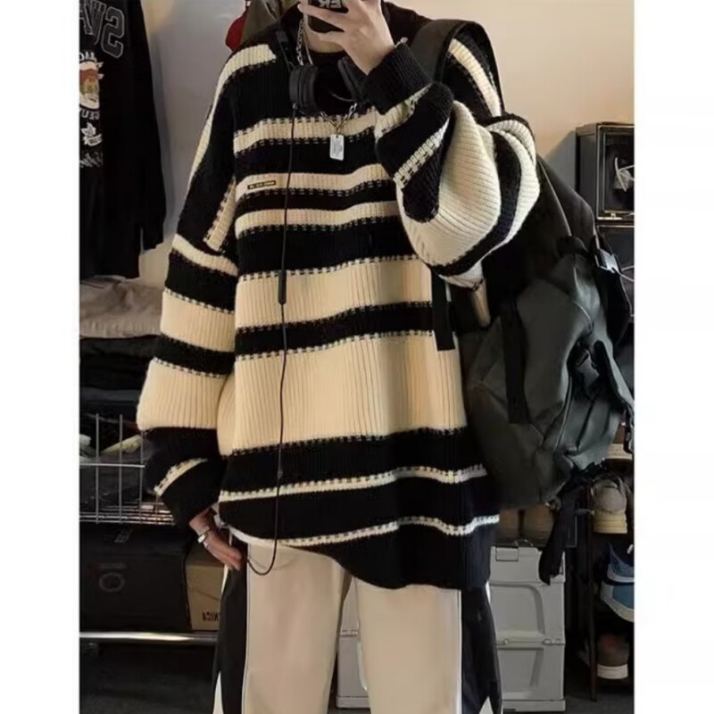 黑盒白学院风彩虹条纹圆领毛衣男女复古慵懒风学生秋冬季情侣针织衫男 XH-Y39黑色 常规 2XL 【130-150斤】