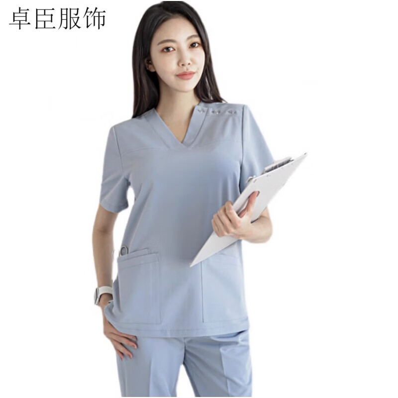 卓臣 高端洗手衣彈力抗皺速干刷手服防靜電醫(yī)美牙科口腔醫(yī)生手術(shù)衣服 霧霾藍短袖套裝女款 3XL