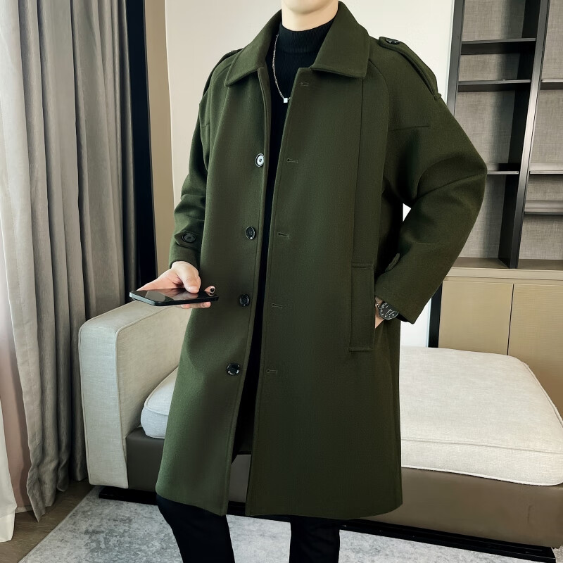 列迅秋冬季毛呢大衣男士中长款青年军绿色风衣英伦风潮流宽松呢子外套 军绿色 M
